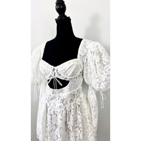 For Love & Lemons Frances Puff Sleeve Mini Dress in White Small Floral Cutout - Picture 3 of 5
